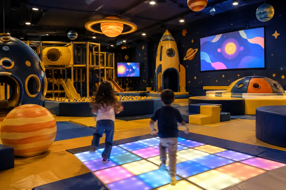 Duas crianças de costas a correr para a pista de dança luminosa